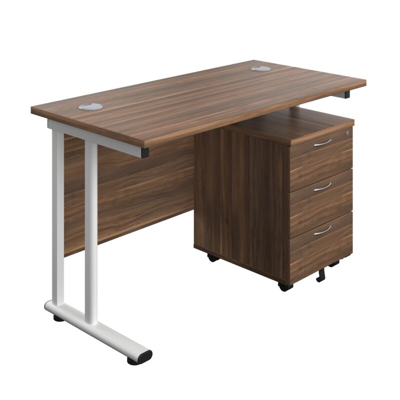 Twin Upright Rectangular Desk + Mobile 3 Drawer Pedestal | 1200X600 | Dark Walnut/White