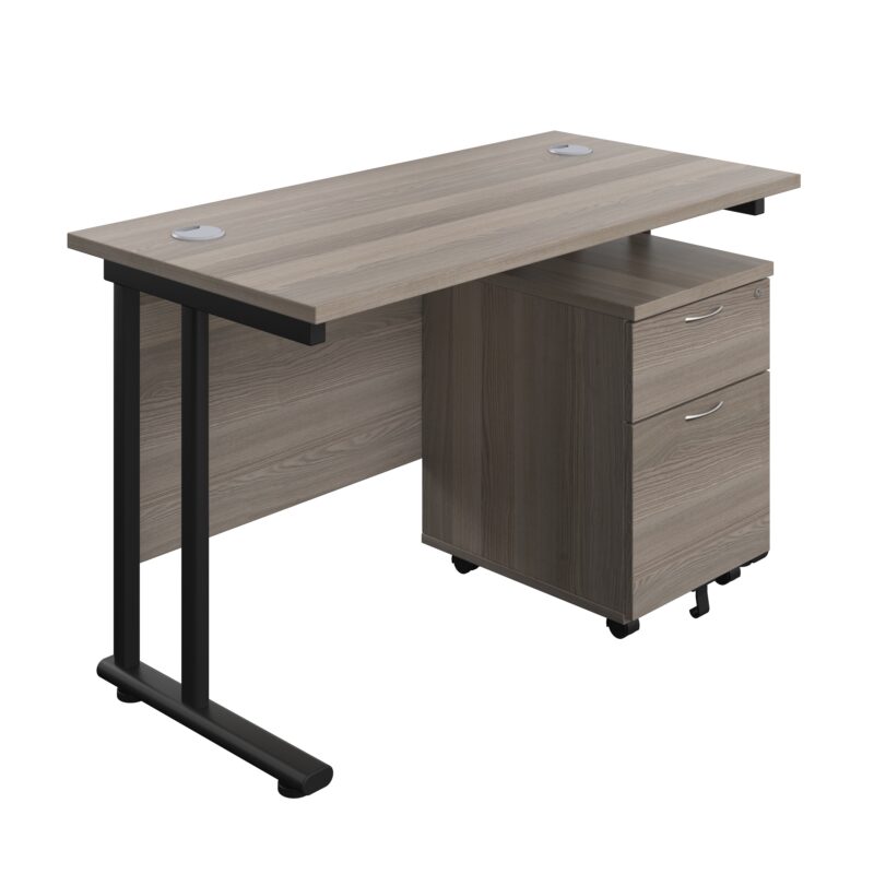 Twin Upright Rectangular Desk + Mobile 2 Drawer Pedestal | 1200X600 | Grey Oak/Black