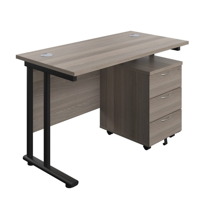 Twin Upright Rectangular Desk + Mobile 3 Drawer Pedestal | 1200X600 | Grey Oak/Black