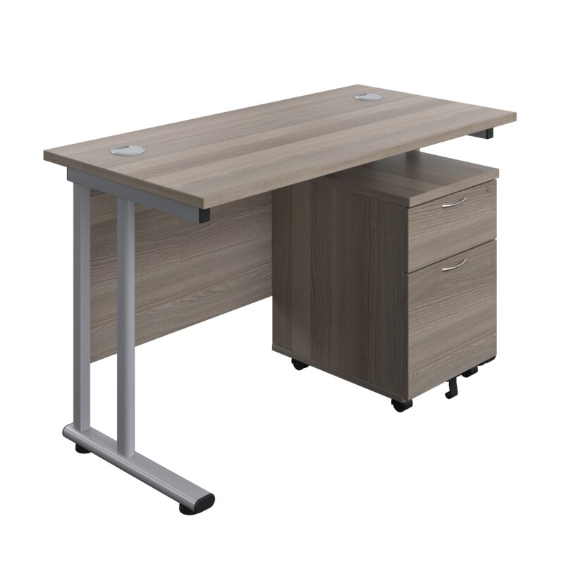 Twin Upright Rectangular Desk + Mobile 2 Drawer Pedestal | 1200X600 | Grey Oak/Silver