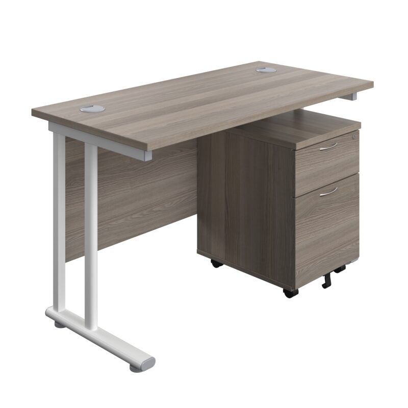 Twin Upright Rectangular Desk + Mobile 2 Drawer Pedestal | 1200X600 | Grey Oak/White