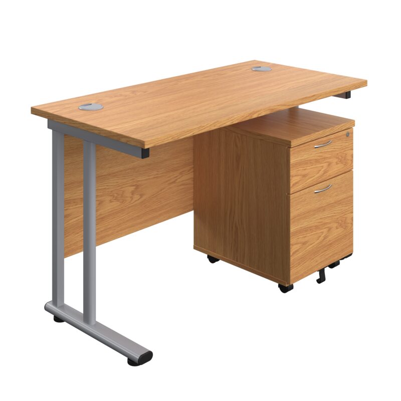 Twin Upright Rectangular Desk + Mobile 2 Drawer Pedestal | 1200X600 | Nova Oak/Silver