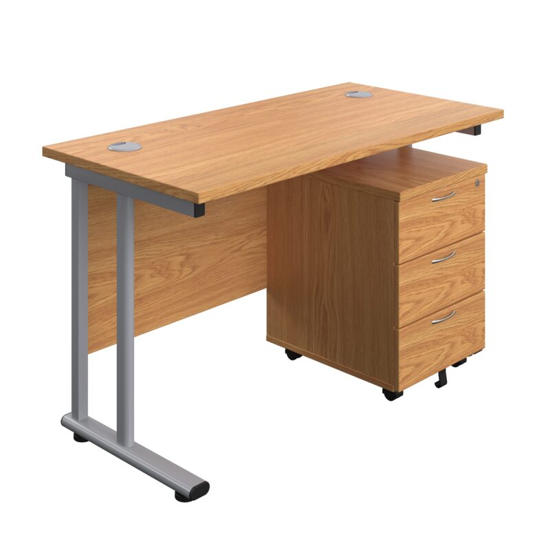 Twin Upright Rectangular Desk + Mobile 3 Drawer Pedestal | 1200X600 | Nova Oak/Silver