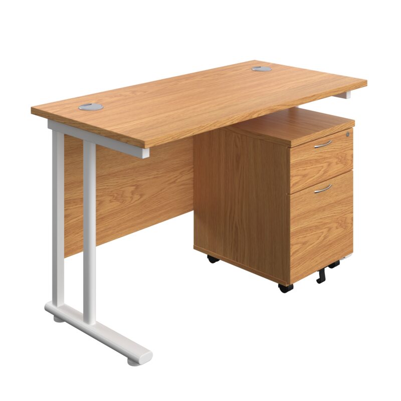 Twin Upright Rectangular Desk + Mobile 2 Drawer Pedestal | 1200X600 | Nova Oak/White