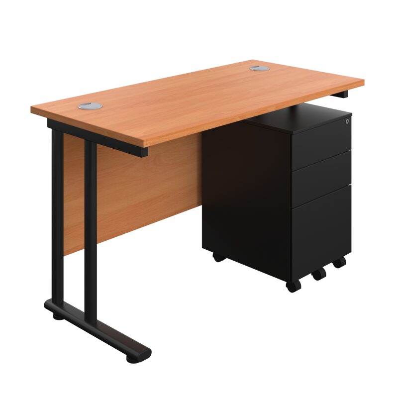 Twin Upright Rectangular Desk + Under Desk Steel Pedestal 3 Drawers | 1200X600 | Beech/Black