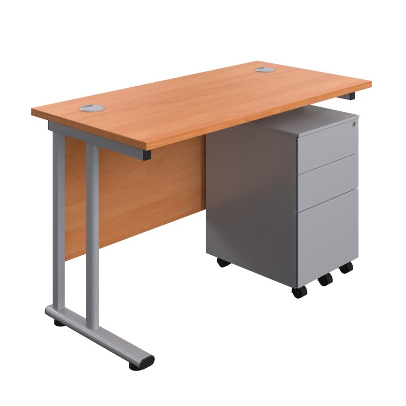 Twin Upright Rectangular Desk + Under Desk Steel Pedestal 3 Drawers | 1200X600 | Beech/Silver