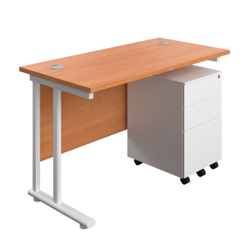 Twin Upright Rectangular Desk + Under Desk Steel Pedestal 3 Drawers | 1200X600 | Beech/White