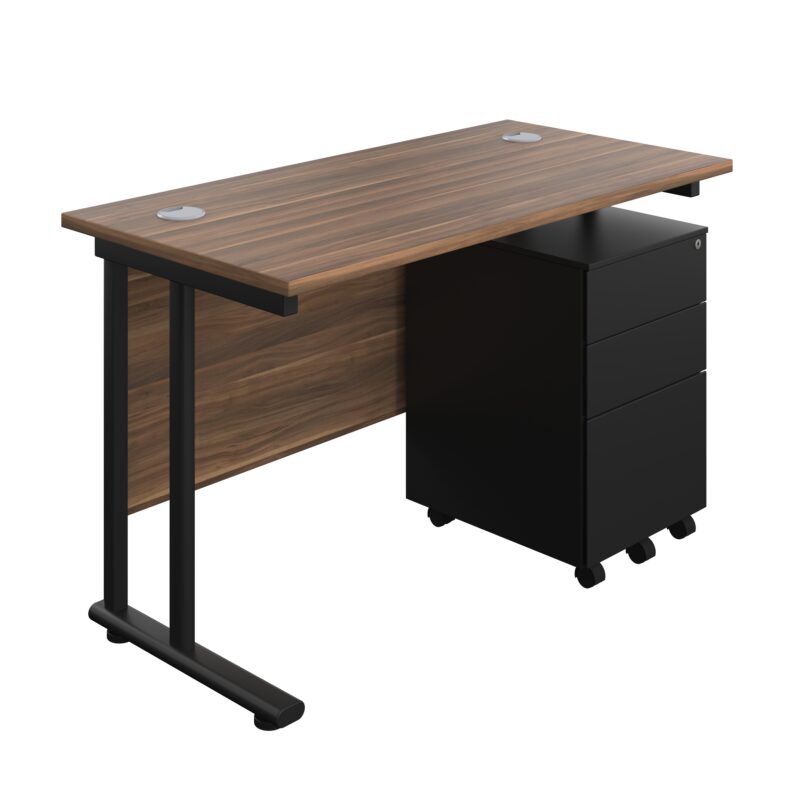 Twin Upright Rectangular Desk + Under Desk Steel Pedestal 3 Drawers | 1200X600 | Dark Walnut/Black