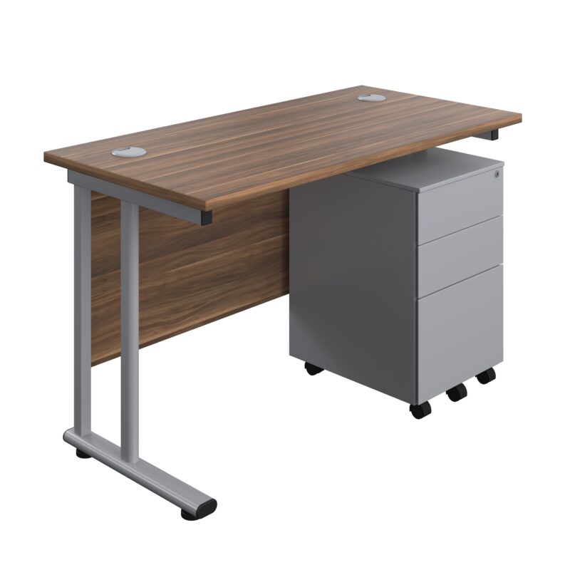 Twin Upright Rectangular Desk + Under Desk Steel Pedestal 3 Drawers | 1200X600 | Dark Walnut/Silver