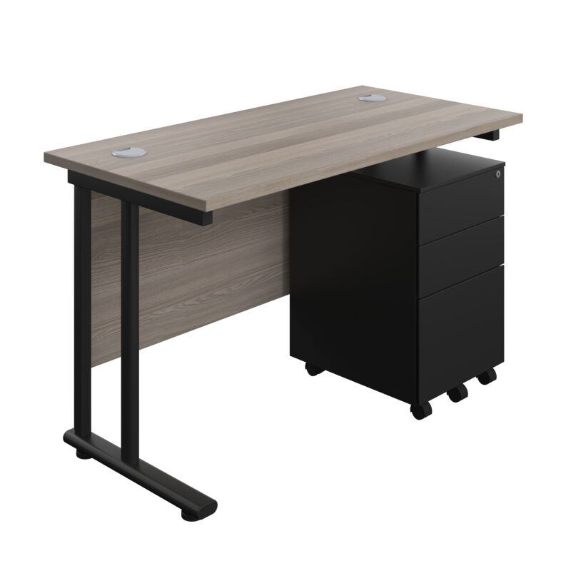 Twin Upright Rectangular Desk + Under Desk Steel Pedestal 3 Drawers | 1200X600 | Grey Oak/Black