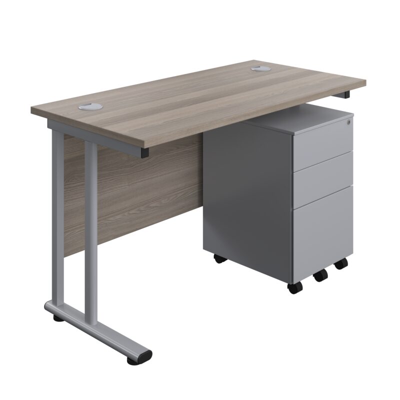 Twin Upright Rectangular Desk + Under Desk Steel Pedestal 3 Drawers | 1200X600 | Grey Oak/Silver