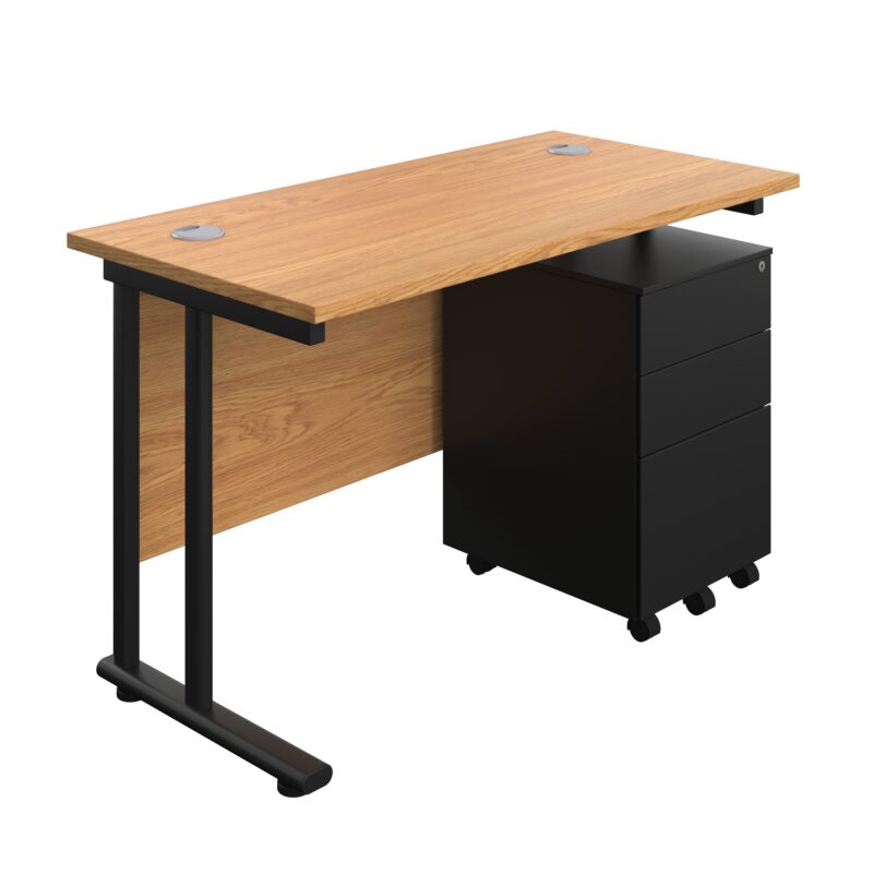 Twin Upright Rectangular Desk + Under Desk Steel Pedestal 3 Drawers | 1200X600 | Nova Oak/Black