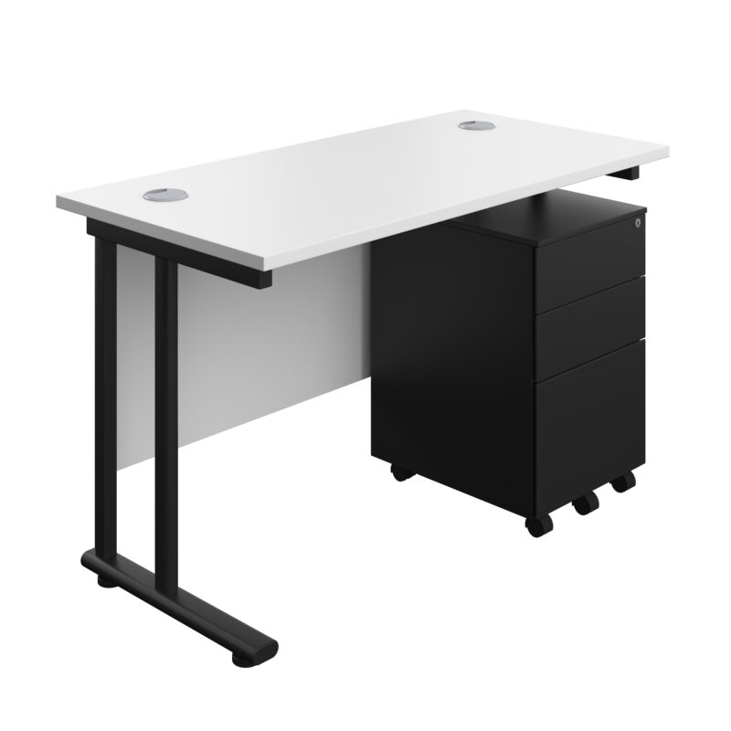 Twin Upright Rectangular Desk + Under Desk Steel Pedestal 3 Drawers | 1200X600 | White/Black