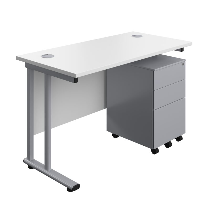 Twin Upright Rectangular Desk + Under Desk Steel Pedestal 3 Drawers | 1200X600 | White/Silver