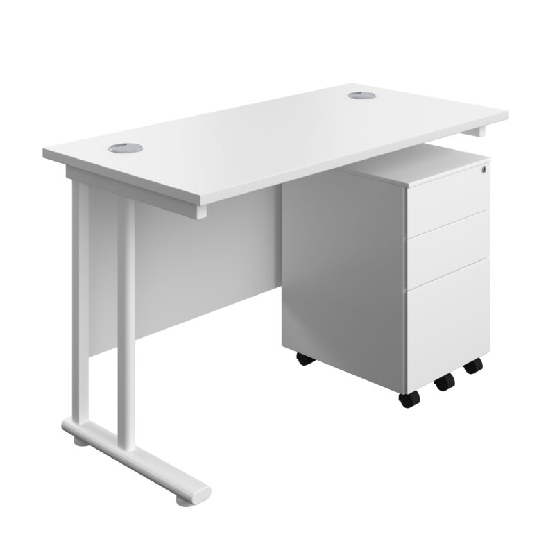 Twin Upright Rectangular Desk + Under Desk Steel Pedestal 3 Drawers | 1200X600 | White/White