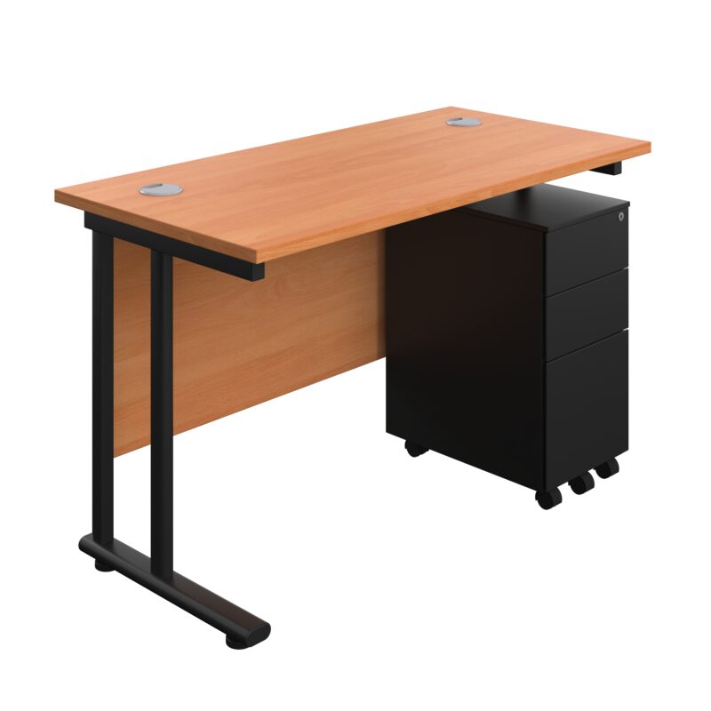 Twin Upright Rectangular Desk + Slimline Steel Pedestal 3 Drawers | 1200X600 | Beech/Black