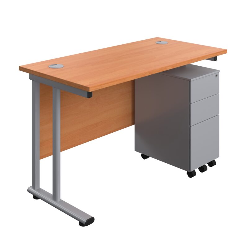 Twin Upright Rectangular Desk + Slimline Steel Pedestal 3 Drawers | 1200X600 | Beech/Silver