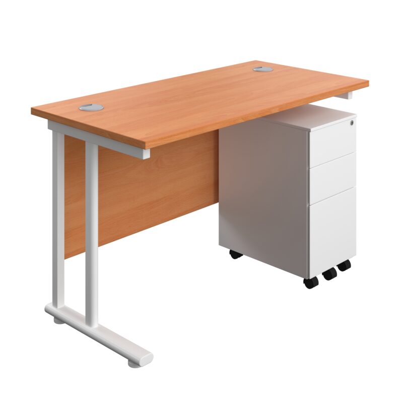 Twin Upright Rectangular Desk + Slimline Steel Pedestal 3 Drawers | 1200X600 | Beech/White