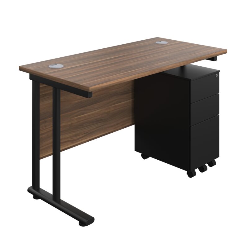 Twin Upright Rectangular Desk + Slimline Steel Pedestal 3 Drawers | 1200X600 | Dark Walnut/Black