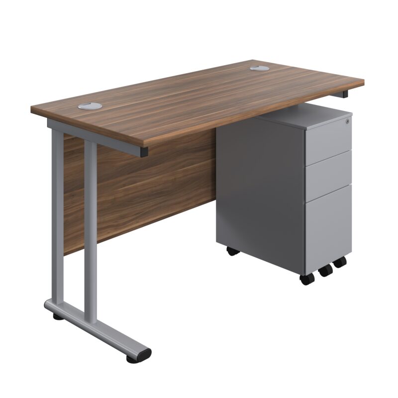 Twin Upright Rectangular Desk + Slimline Steel Pedestal 3 Drawers | 1200X600 | Dark Walnut/Silver