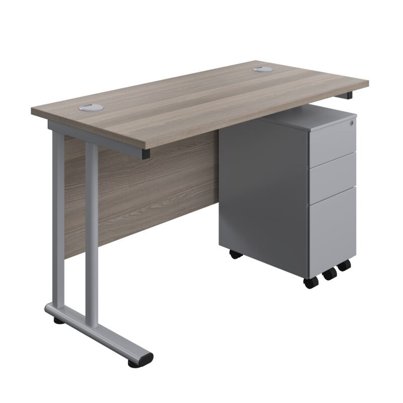 Twin Upright Rectangular Desk + Slimline Steel Pedestal 3 Drawers | 1200X600 | Grey Oak/Silver