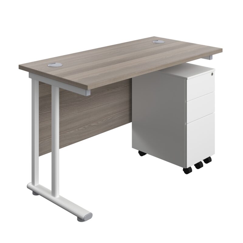 Twin Upright Rectangular Desk + Slimline Steel Pedestal 3 Drawers | 1200X600 | Grey Oak/White