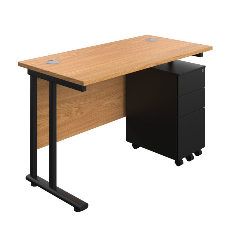 Twin Upright Rectangular Desk + Slimline Steel Pedestal 3 Drawers | 1200X600 | Nova Oak/Black