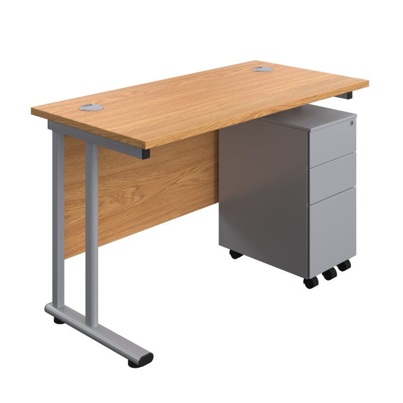 Twin Upright Rectangular Desk + Slimline Steel Pedestal 3 Drawers | 1200X600 | Nova Oak/Silver