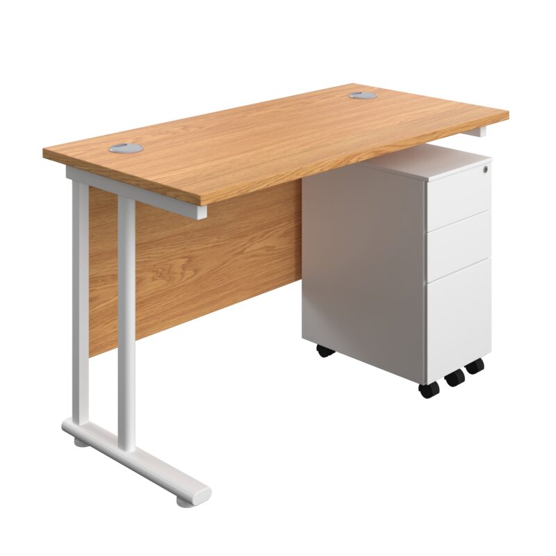 Twin Upright Rectangular Desk + Slimline Steel Pedestal 3 Drawers | 1200X600 | Nova Oak/White