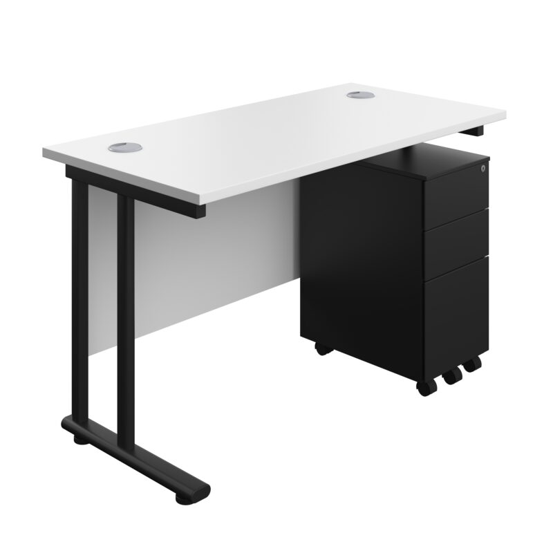 Twin Upright Rectangular Desk + Slimline Steel Pedestal 3 Drawers | 1200X600 | White/Black