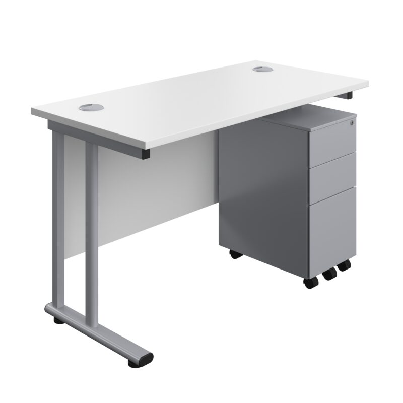 Twin Upright Rectangular Desk + Slimline Steel Pedestal 3 Drawers | 1200X600 | White/Silver