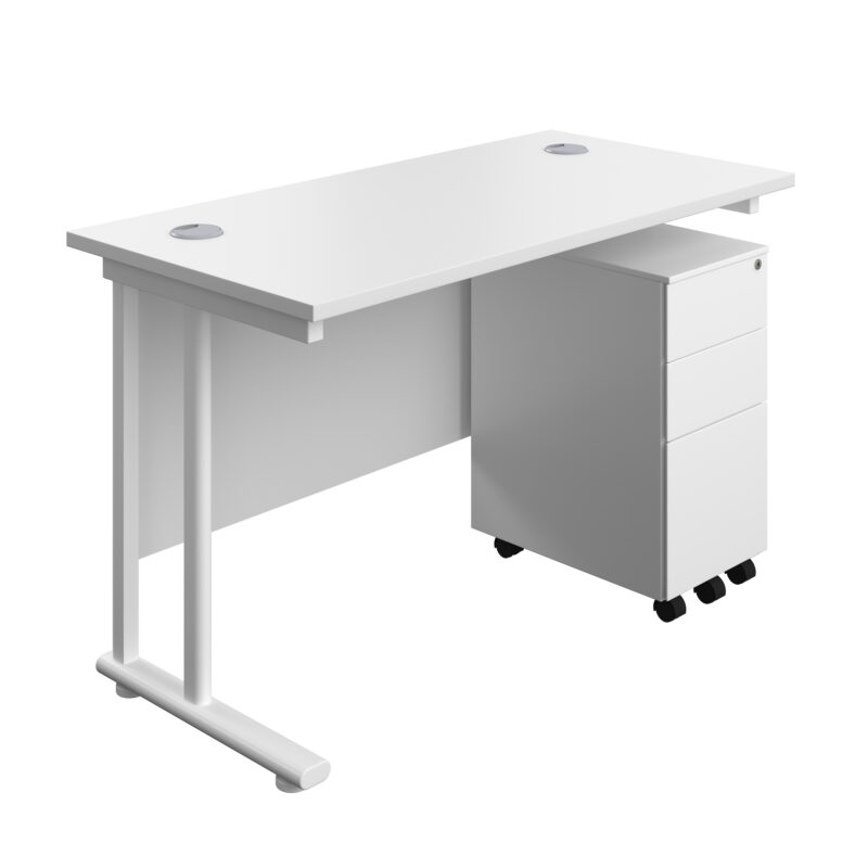 Twin Upright Rectangular Desk + Slimline Steel Pedestal 3 Drawers | 1200X600 | White/White