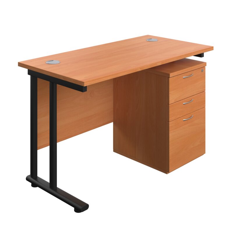 Twin Upright Rectangular Desk + High Mobile Pedestal 3 Drawer | 1200X600 | Beech/Black