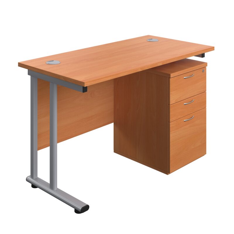 Twin Upright Rectangular Desk + High Mobile Pedestal 3 Drawer | 1200X600 | Beech/Silver