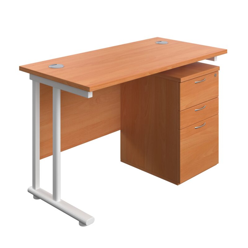 Twin Upright Rectangular Desk + High Mobile Pedestal 3 Drawer | 1200X600 | Beech/White