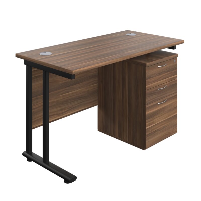 Twin Upright Rectangular Desk + High Mobile Pedestal 3 Drawer | 1200X600 | Dark Walnut/Black