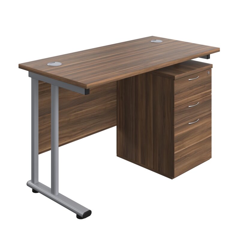 Twin Upright Rectangular Desk + High Mobile Pedestal 3 Drawer | 1200X600 | Dark Walnut/Silver