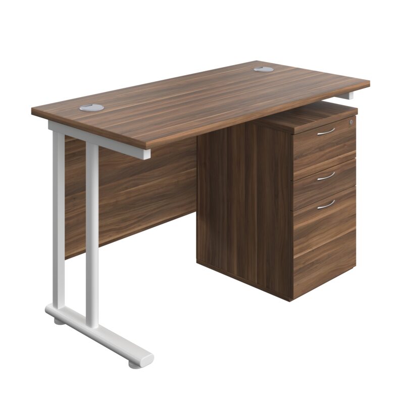 Twin Upright Rectangular Desk + High Mobile Pedestal 3 Drawer | 1200X600 | Dark Walnut/White