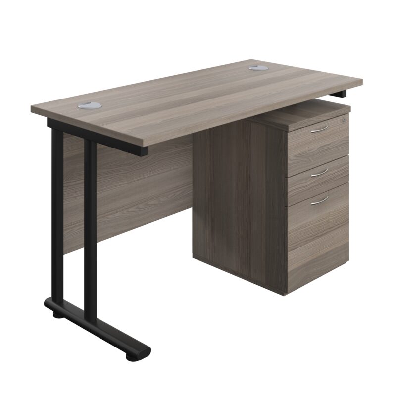 Twin Upright Rectangular Desk + High Mobile Pedestal 3 Drawer | 1200X600 | Grey Oak/Black