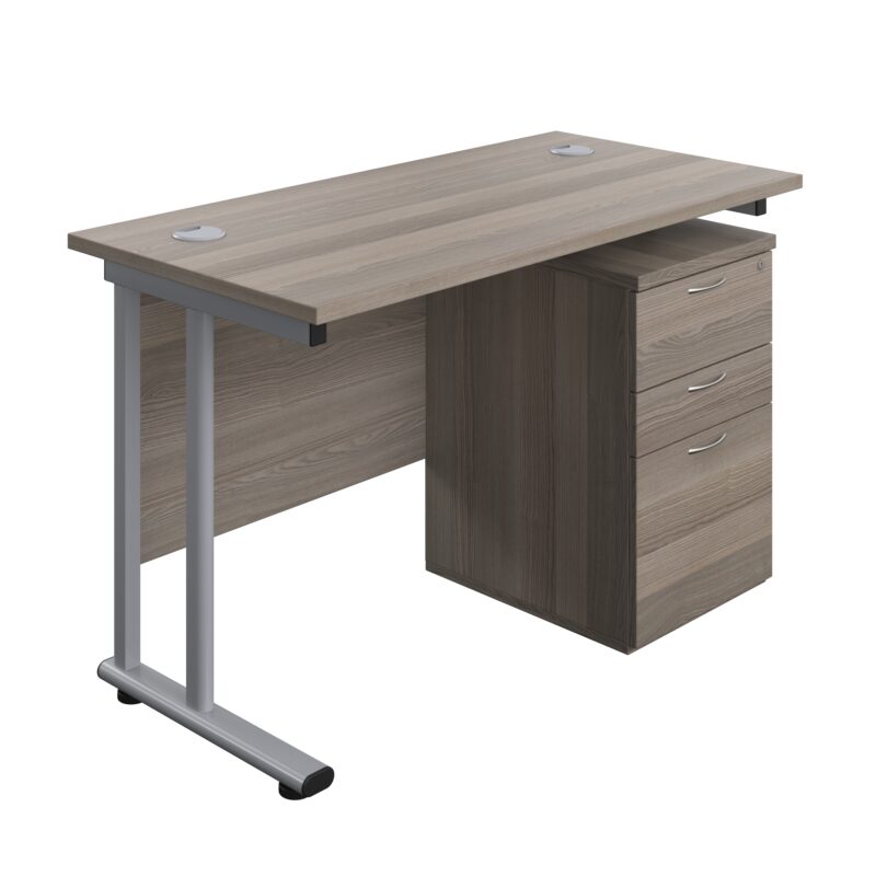 Twin Upright Rectangular Desk + High Mobile Pedestal 3 Drawer | 1200X600 | Grey Oak/Silver