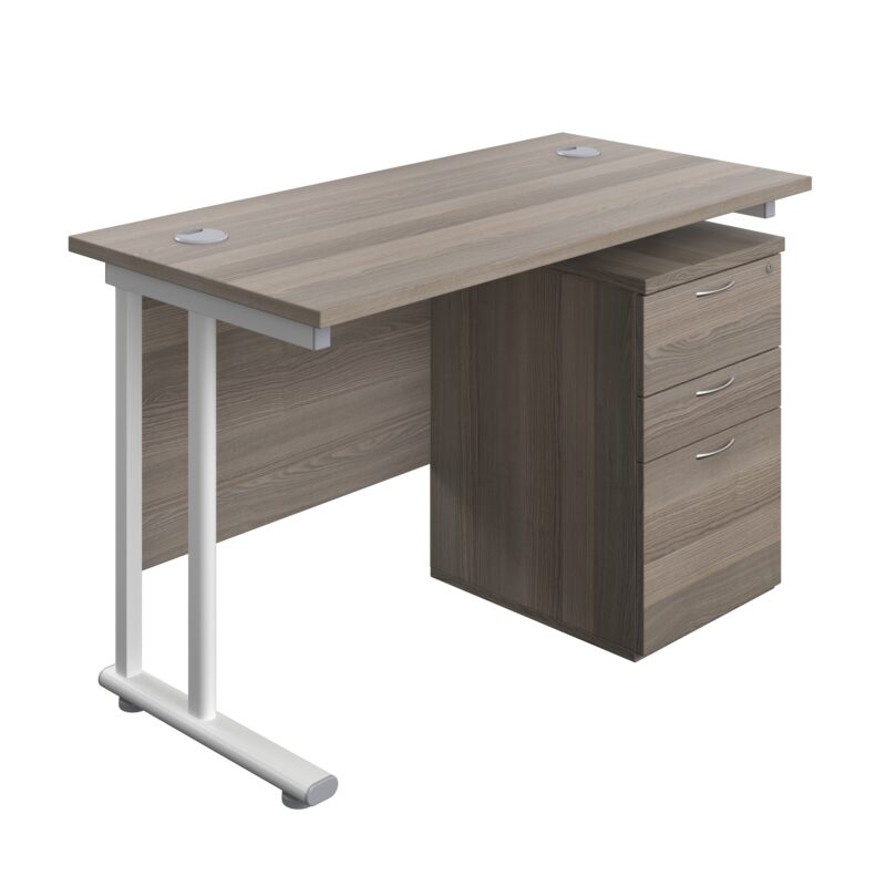 Twin Upright Rectangular Desk + High Mobile Pedestal 3 Drawer | 1200X600 | Grey Oak/White