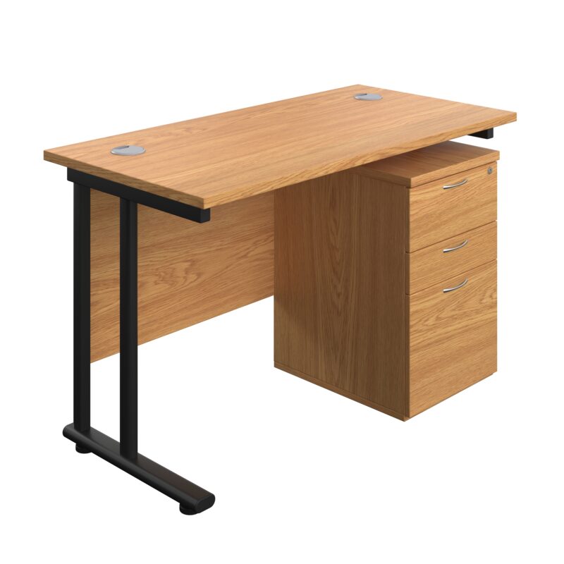 Twin Upright Rectangular Desk + High Mobile Pedestal 3 Drawer | 1200X600 | Nova Oak/Black