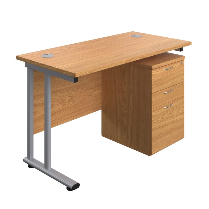 Twin Upright Rectangular Desk + High Mobile Pedestal 3 Drawer | 1200X600 | Nova Oak/Silver