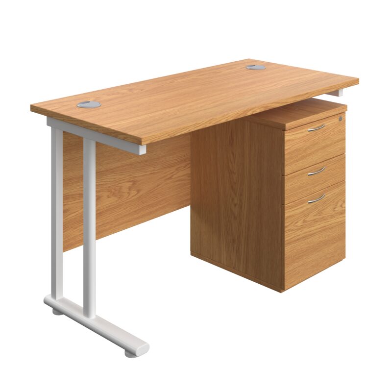 Twin Upright Rectangular Desk + High Mobile Pedestal 3 Drawer | 1200X600 | Nova Oak/White