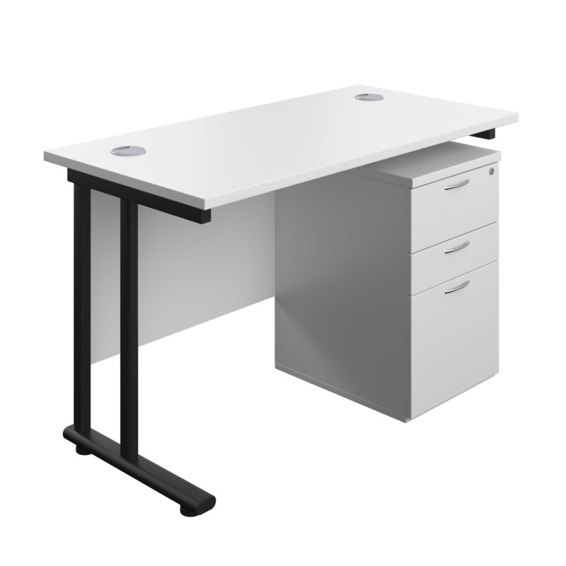 Twin Upright Rectangular Desk + High Mobile Pedestal 3 Drawer | 1200X600 | White/Black