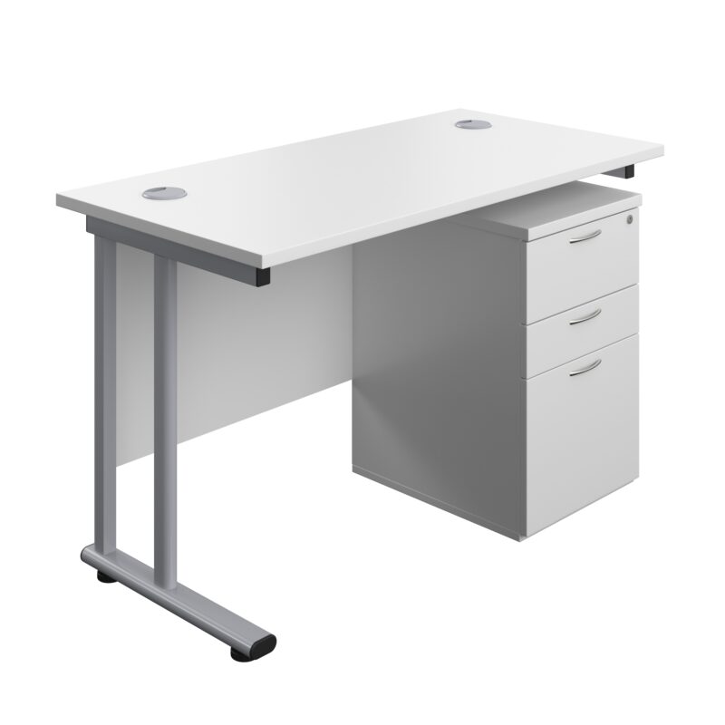 Twin Upright Rectangular Desk + High Mobile Pedestal 3 Drawer | 1200X600 | White/Silver