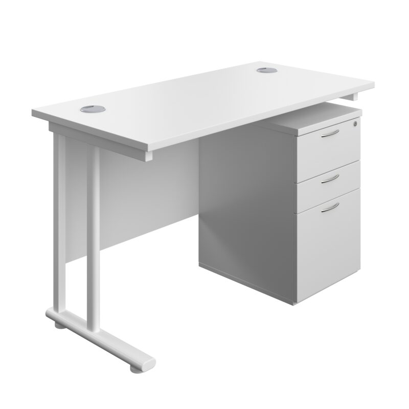 Twin Upright Rectangular Desk + High Mobile Pedestal 3 Drawer | 1200X600 | White/White