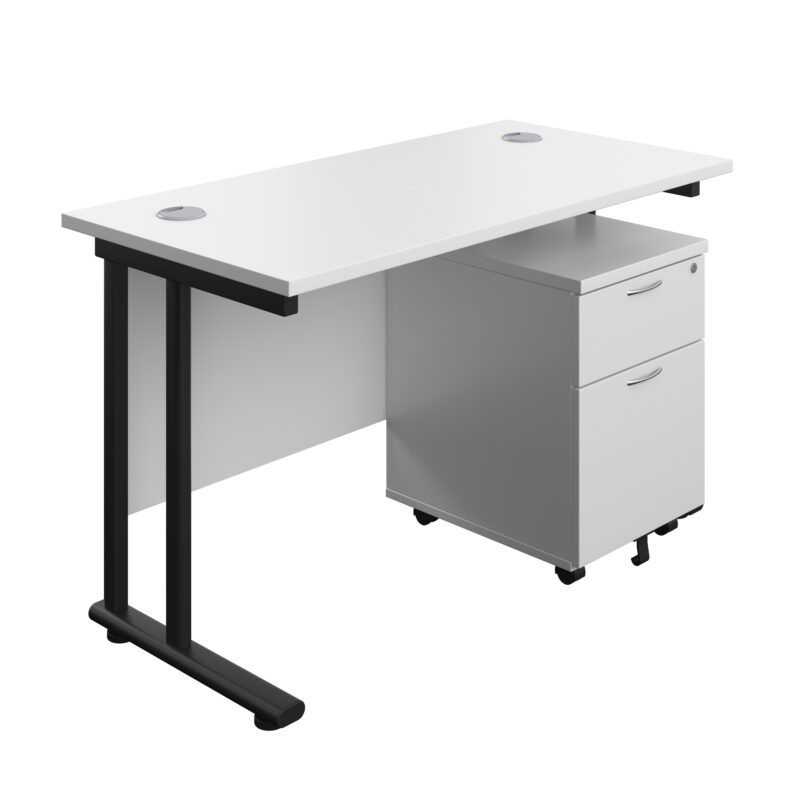 Twin Upright Rectangular Desk + Mobile 2 Drawer Pedestal | 1200X600 | White/Black