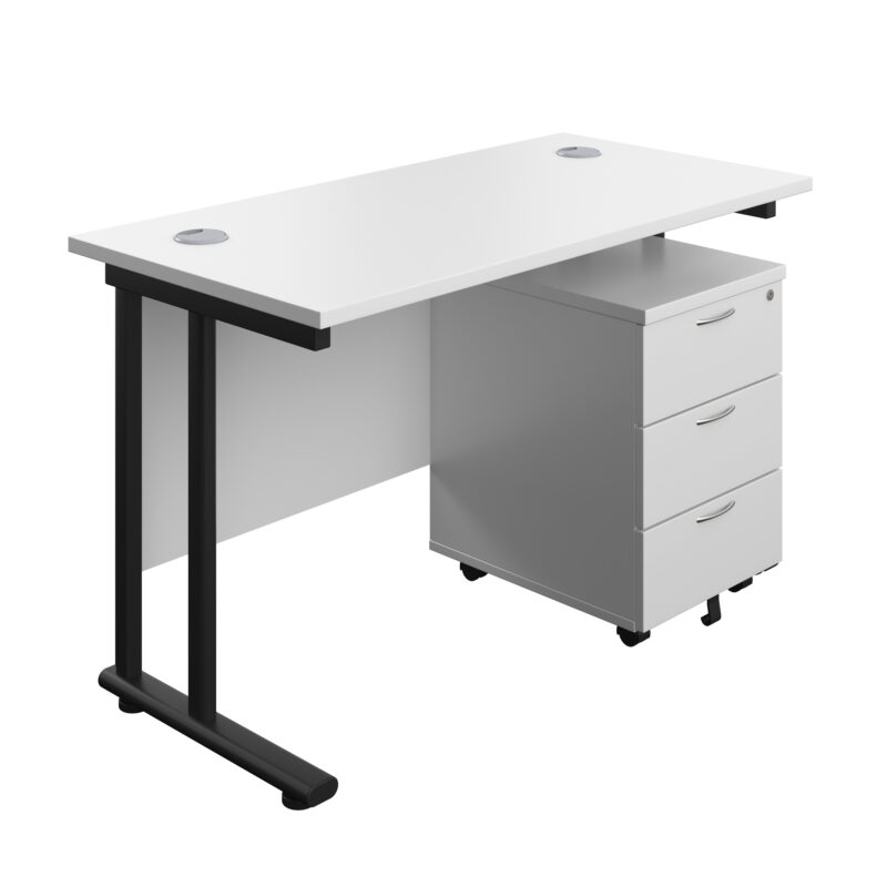 Twin Upright Rectangular Desk + Mobile 3 Drawer Pedestal | 1200X600 | White/Black