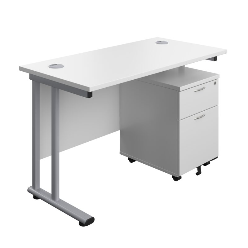 Twin Upright Rectangular Desk + Mobile 2 Drawer Pedestal | 1200X600 | White/Silver